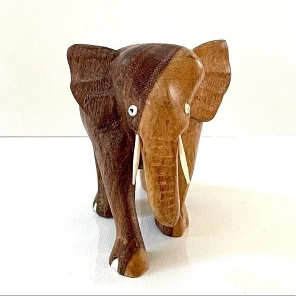 Hand Carved Tan Wood Elephant Statue 4